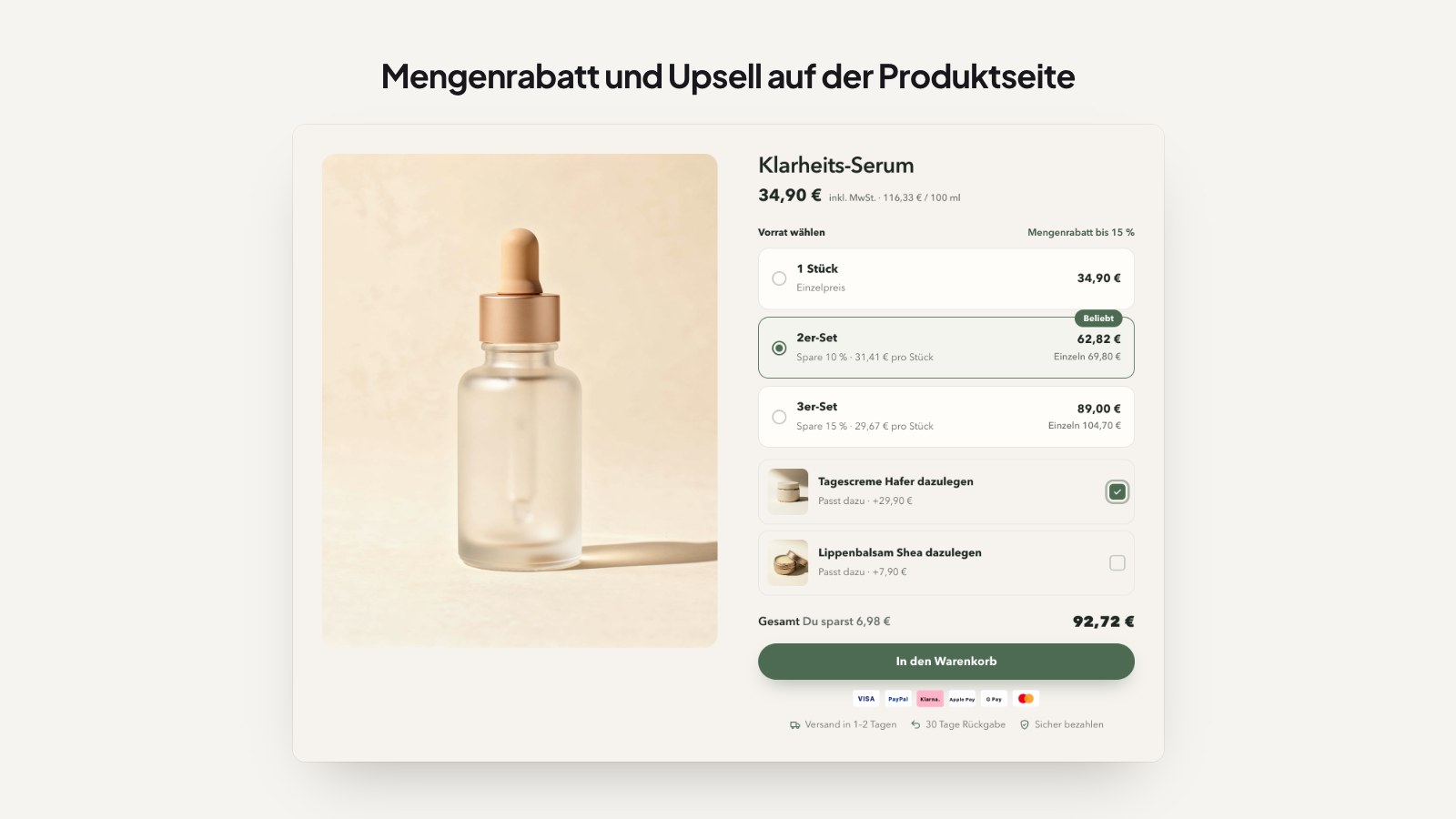 Buy-Box mit Mengenrabatt, gewähltem 2er-Set und Upsell