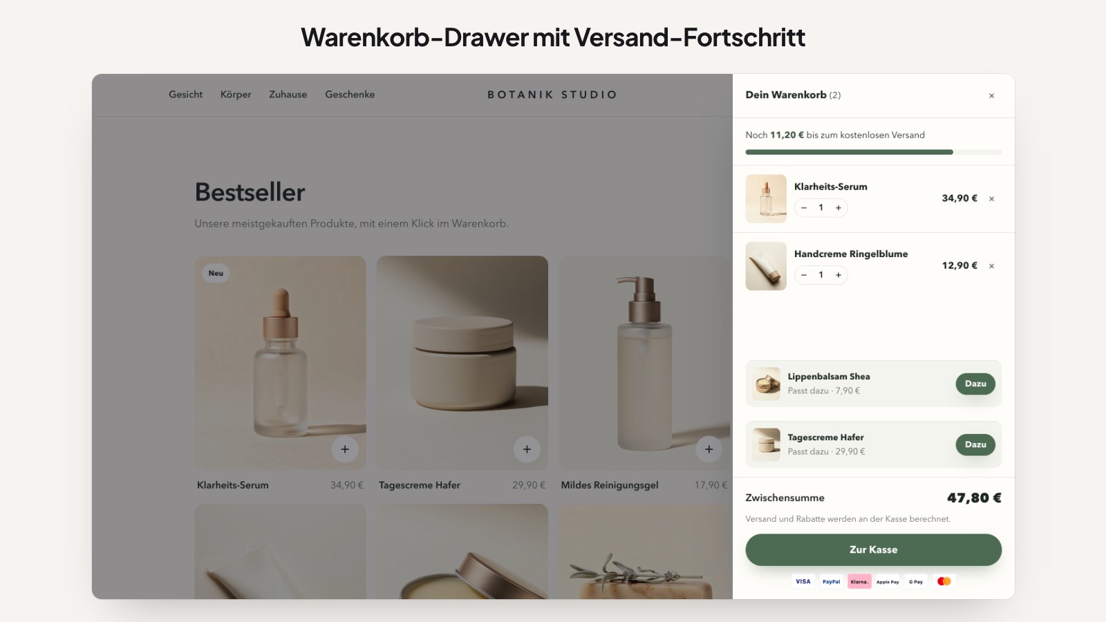 Warenkorb-Drawer mit Versand-Fortschritt und Upsells