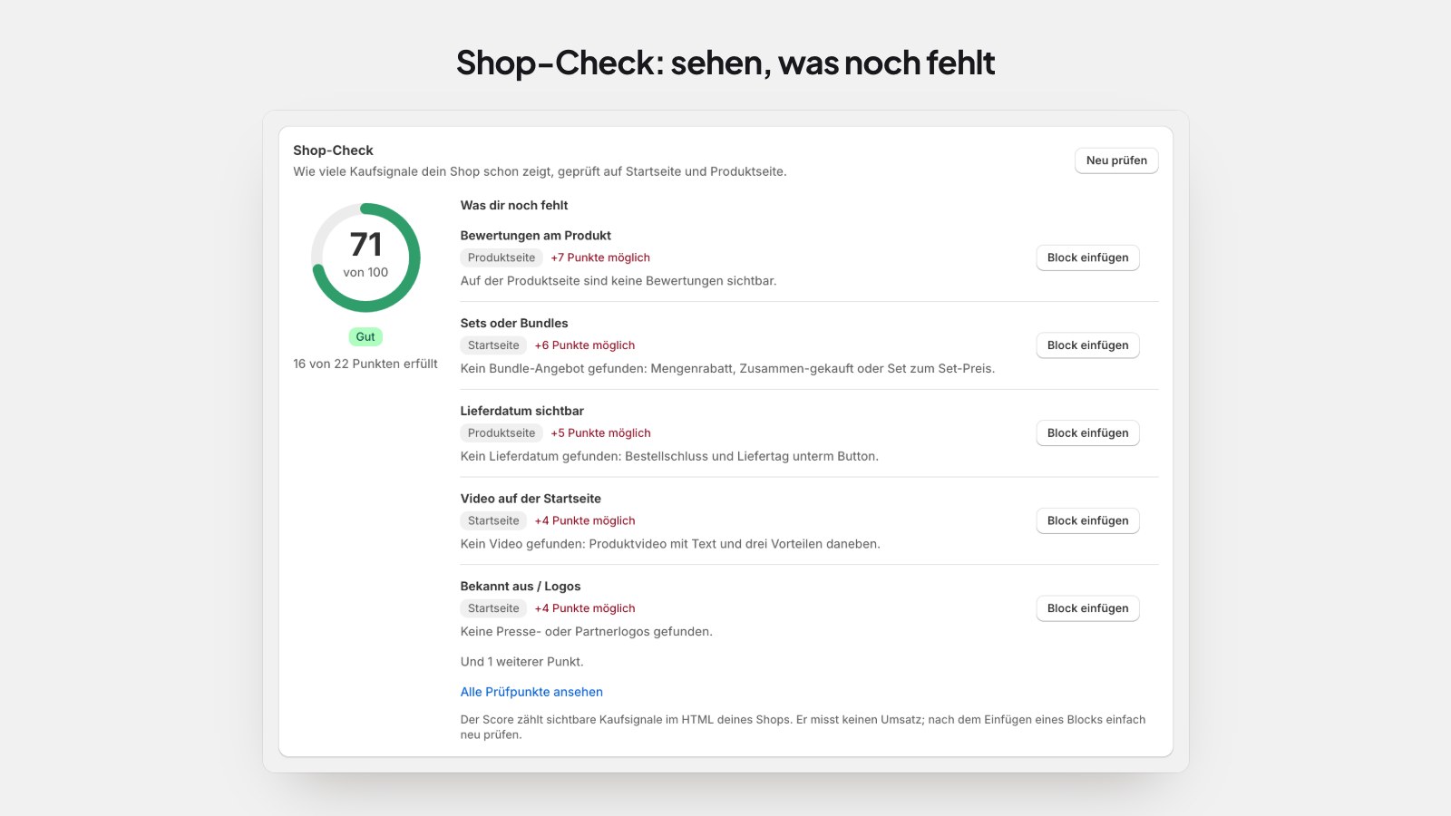 Shop-Check: Score und fehlende Kaufsignale mit Block-Vorschlag