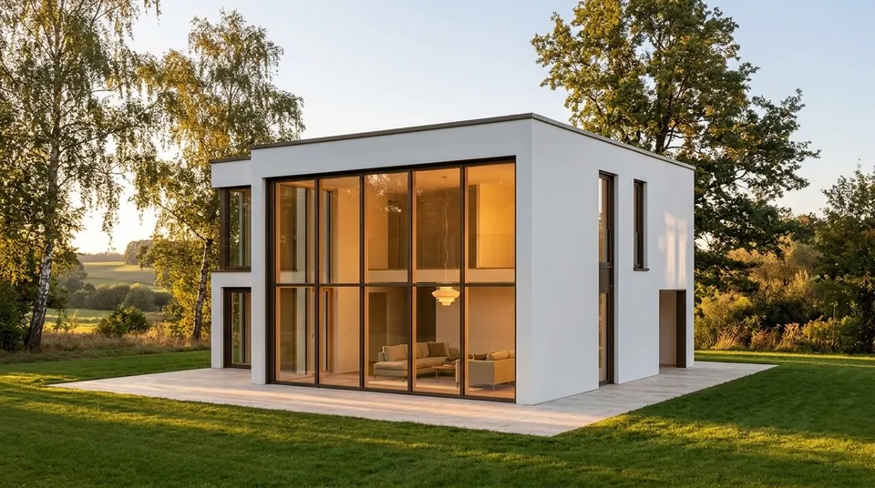Modernes weißes Einfamilienhaus mit großer Glasfassade im Abendlicht