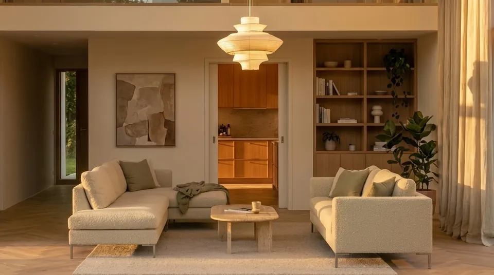 Wohnzimmer mit hellen Sofas, Couchtisch aus Travertin und Blick in die Küche