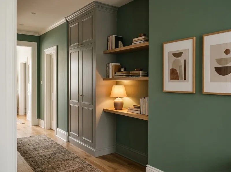 Flur mit grauem Einbauschrank, Wandregal und Kunst