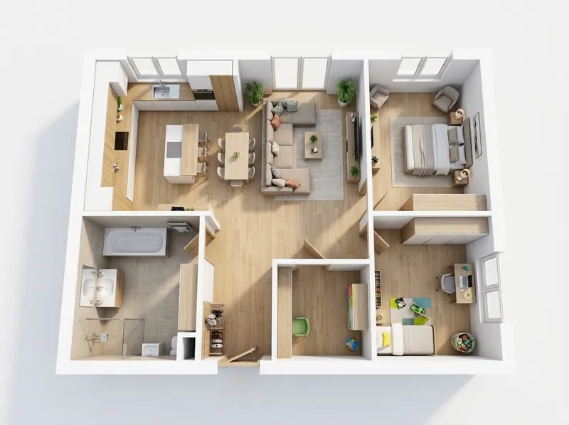 Farbiger 3D-Grundriss einer Wohnung mit eingezeichneter Einrichtung