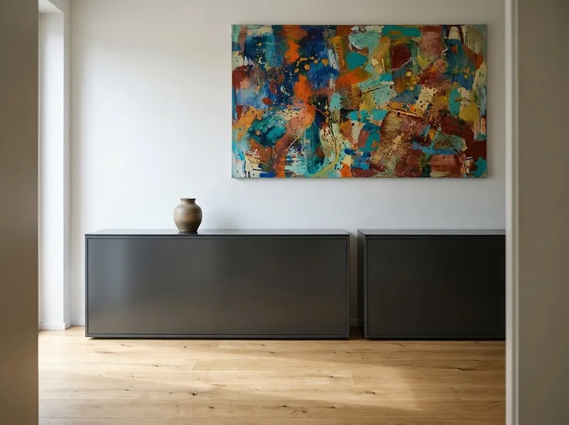 Zwei anthrazitfarbene Sideboards unter einem farbigen Bild