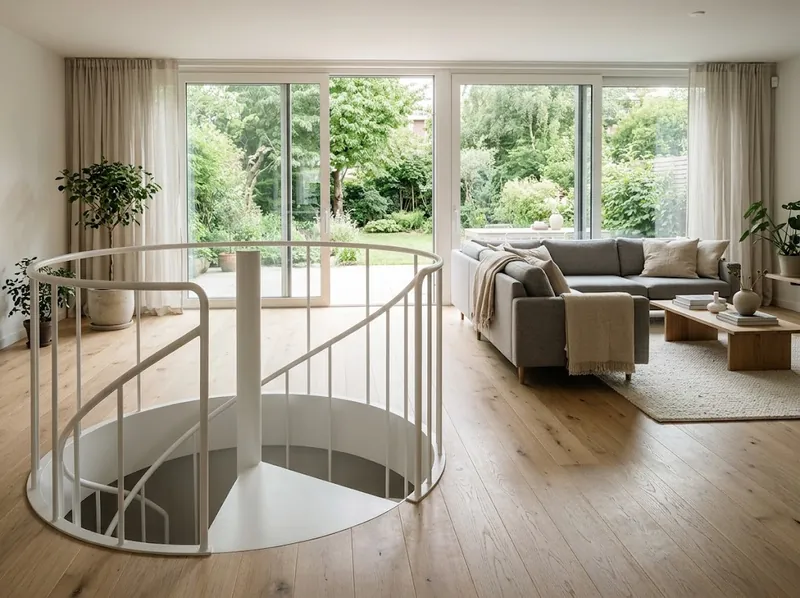 Wohnraum mit weißer Wendeltreppe und Blick in den Garten