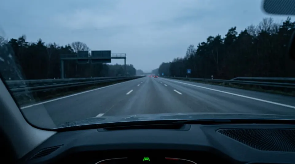 Leere Autobahn zur blauen Stunde, Rücklichter in der Ferne