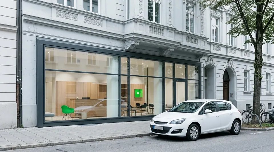 Eingang der Fahrschule im Erdgeschoss eines Münchner Altbaus mit Glasfront