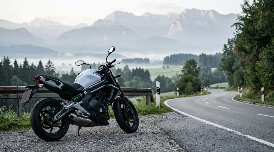 Motorrad an einem Aussichtspunkt an einer Landstraße mit Bergen im Hintergrund