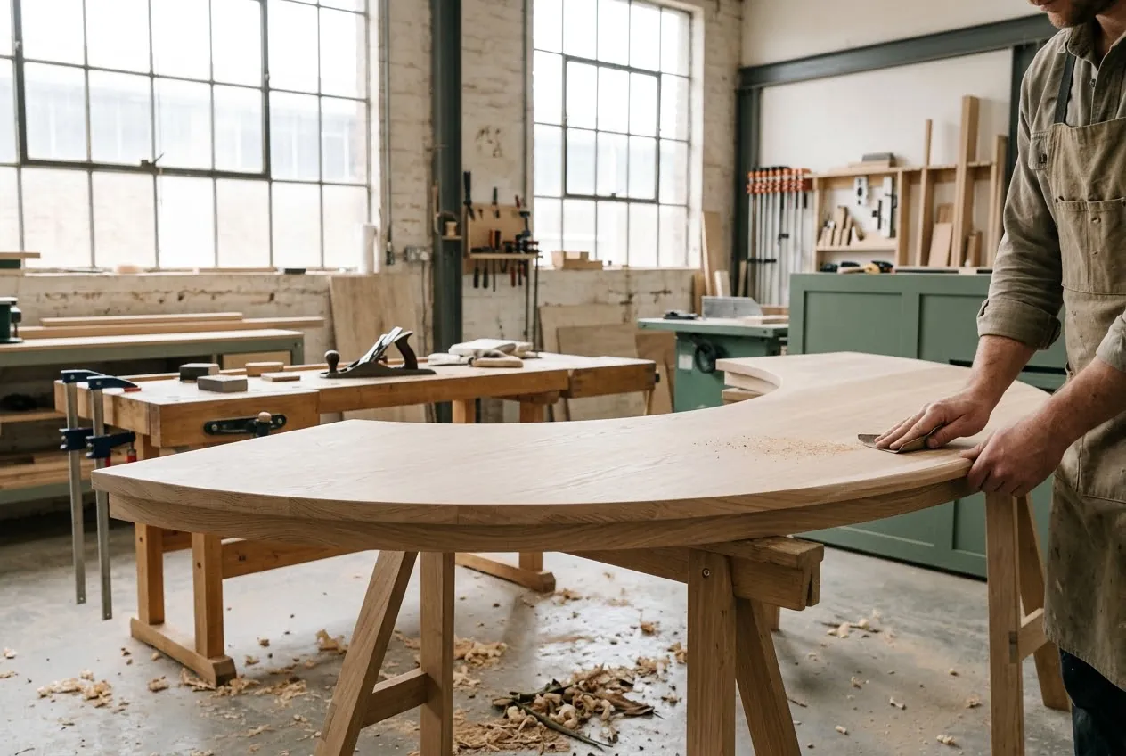 Schreinerwerkstatt mit einem Thekenelement aus heller Eiche