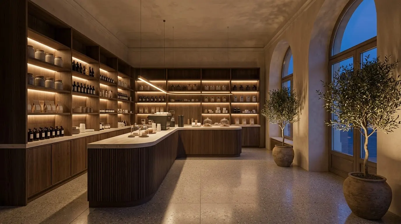 Der fertige Concept Store am Abend mit beleuchtetem Regal, Eichentheke und Terrazzoboden
