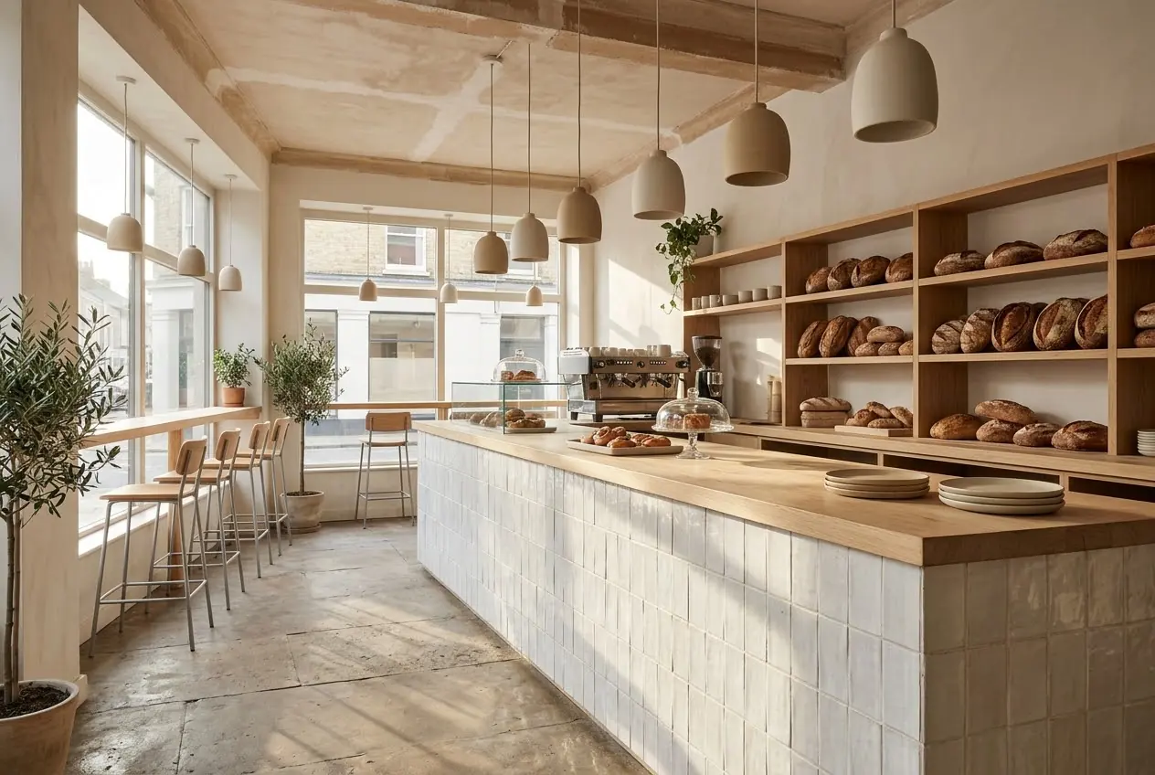 Bäckerei-Café mit weißer Fliesentheke und Brotregal