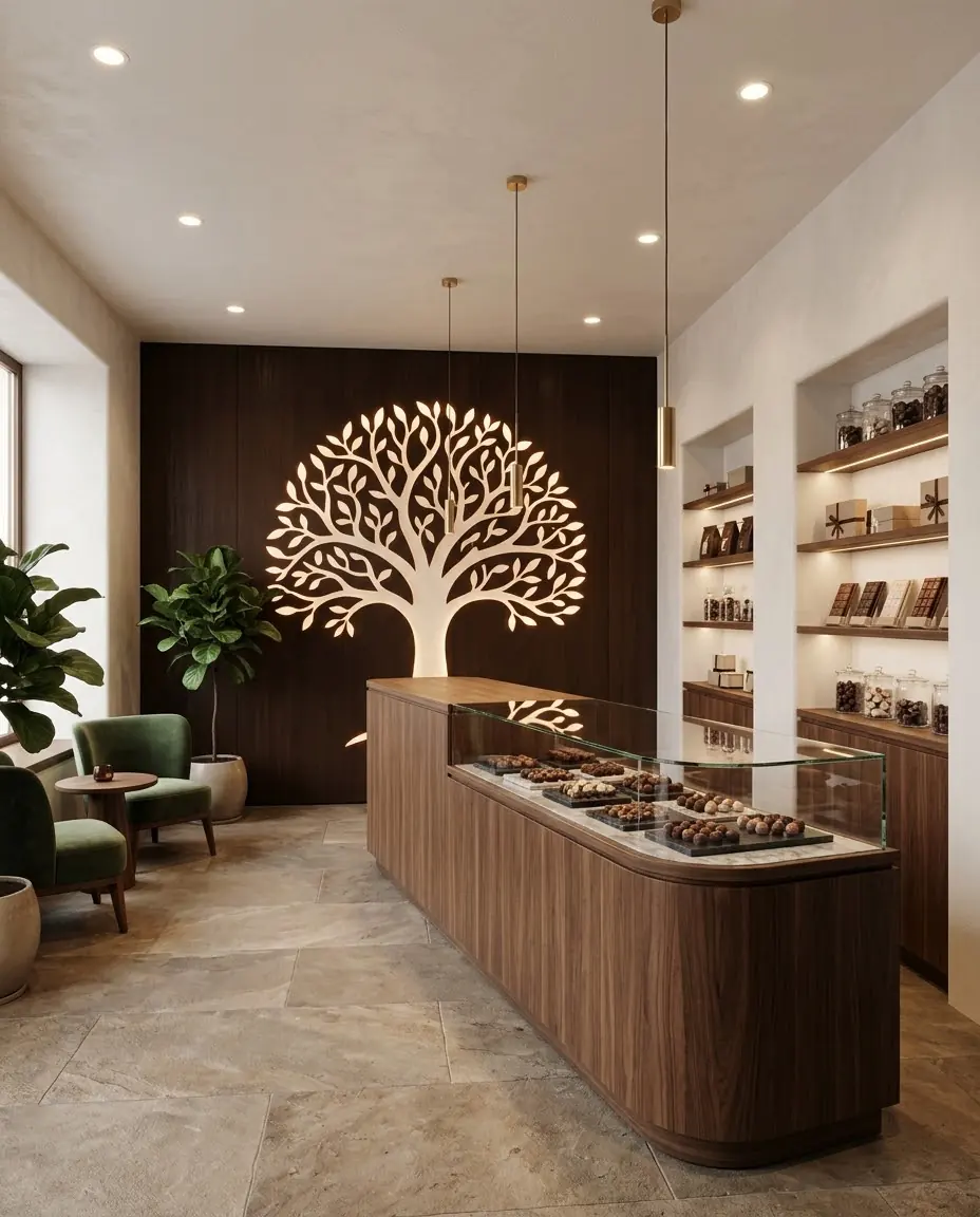 Confiserie mit hinterleuchtetem Baummotiv und Nussbaumtheke