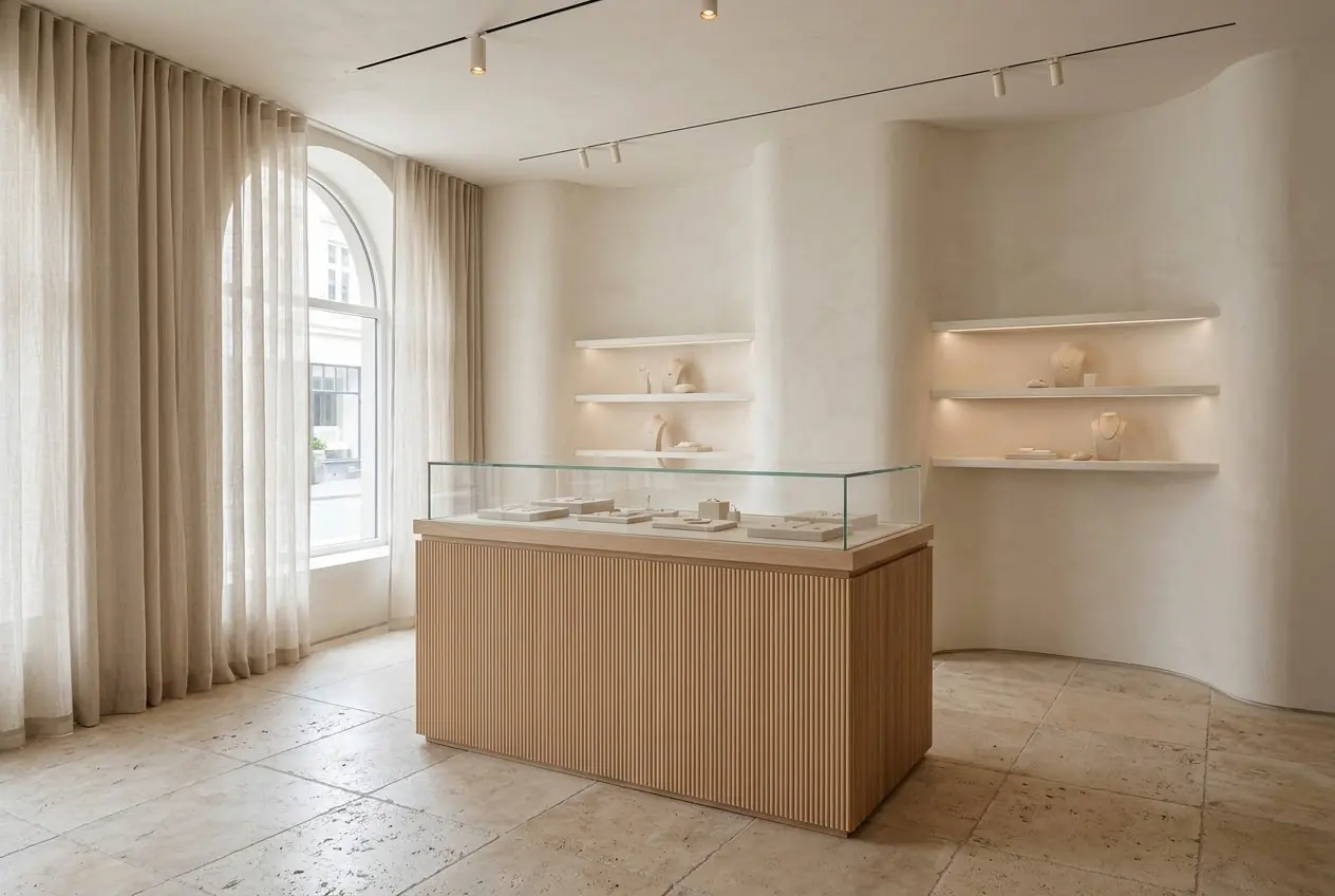 Schmuckboutique mit Vitrine auf gerilltem Eichensockel