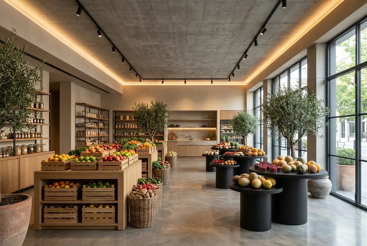 Obst- und Gemüseladen mit Holzinseln unter Betondecke