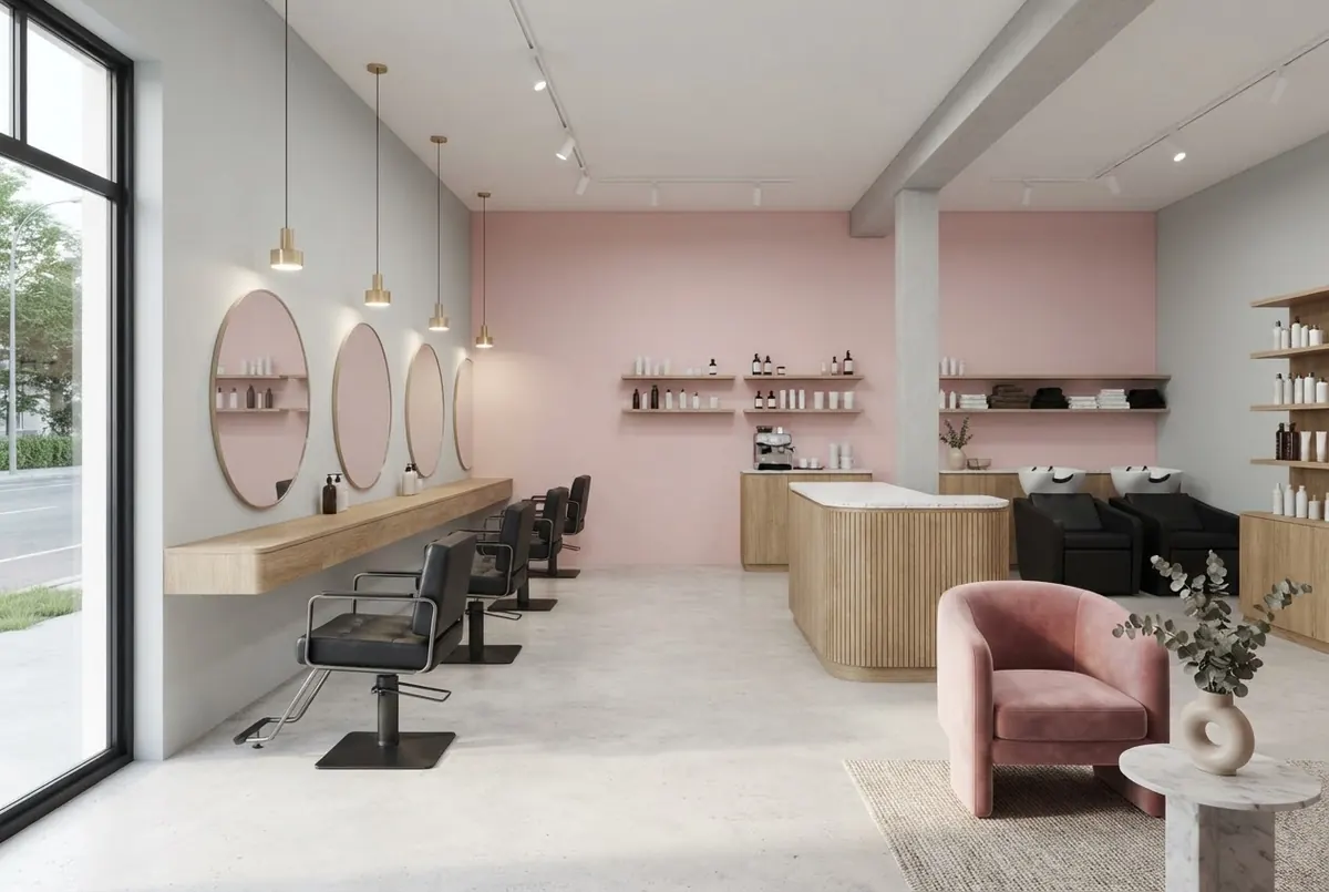Visualisierung des neuen Salons mit Pastellwänden und Eichenkonsolen