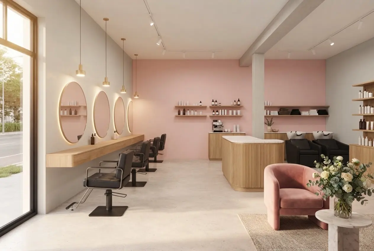 Der fertige Salon mit runden Spiegeln und rosa Akzentwand