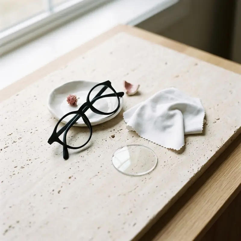 Runde schwarze Brille neben einem Mikrofasertuch auf hellem Stein