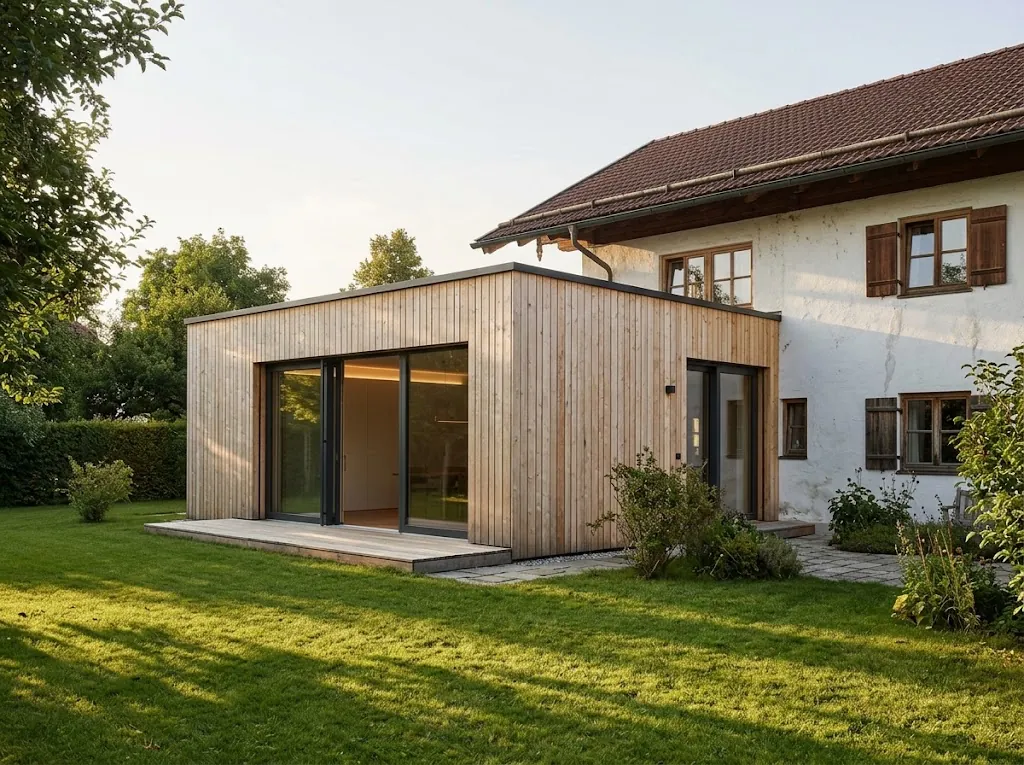 Eingeschossiger Holzanbau mit großen Glastüren an einem älteren Wohnhaus mit Ziegeldach