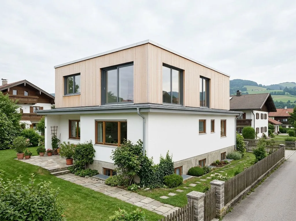 Einfamilienhaus in einem bayerischen Ort mit neuem Obergeschoss in Holzbauweise und heller Holzfassade