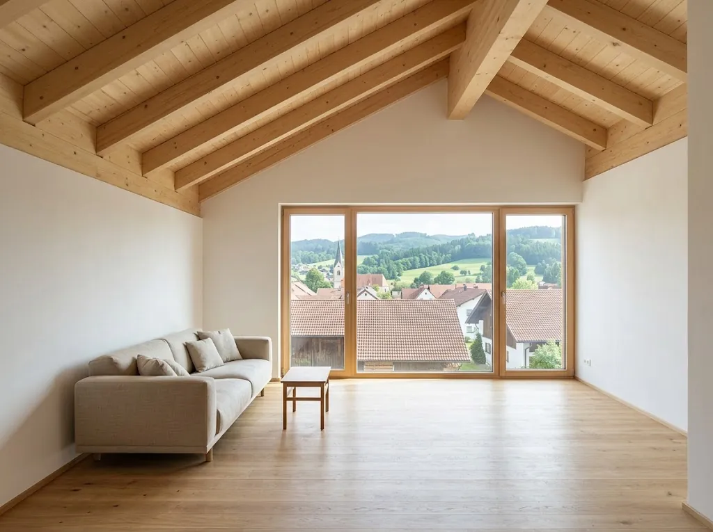Heller Raum mit sichtbarer Holzdecke und großem Fenster über die Dächer eines Dorfes