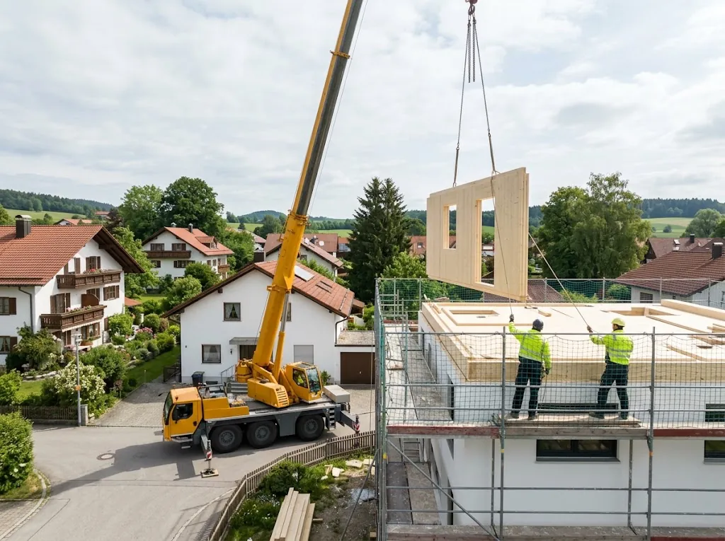Kran hebt ein Holzwandelement auf das Dach eines Einfamilienhauses